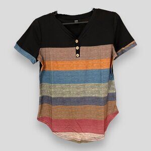 SHEIN Lune Stripe Button Front V-Neck Tee